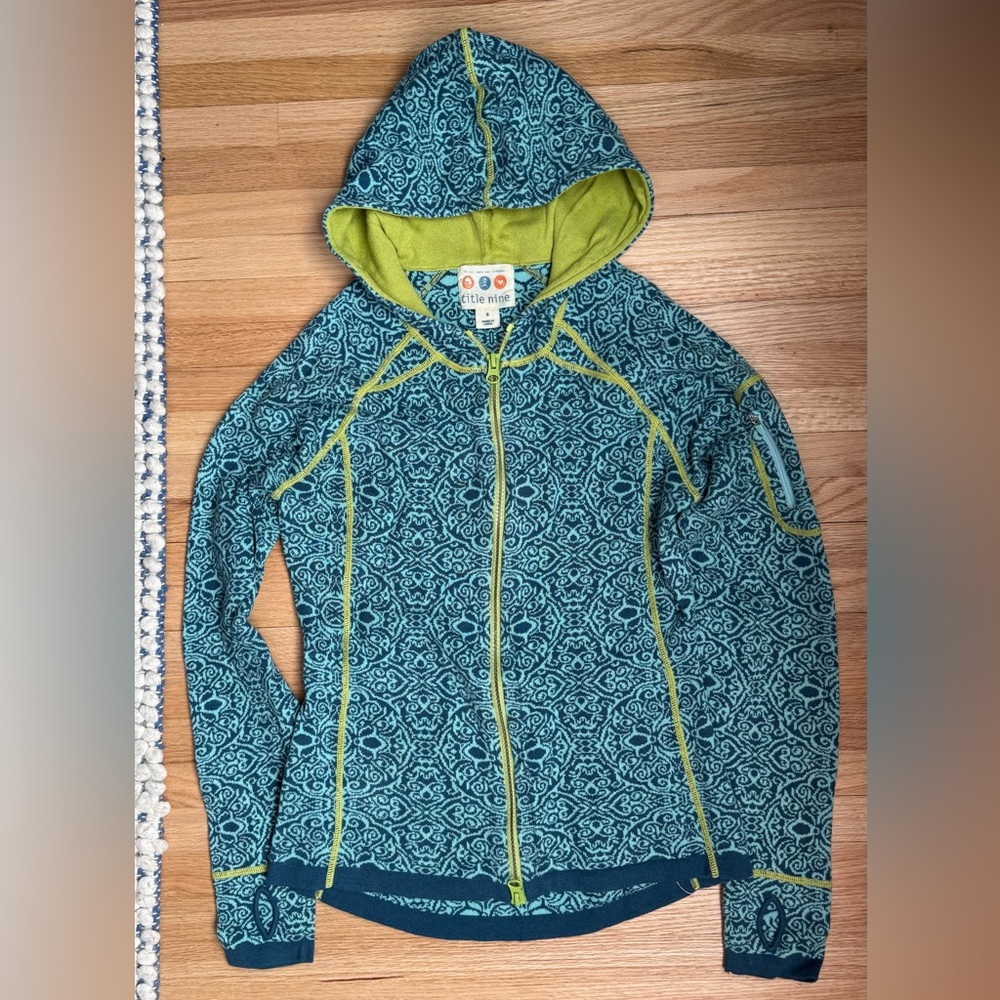 title nine Teal and Lime Green Patterned Hooded Zip Jacket
